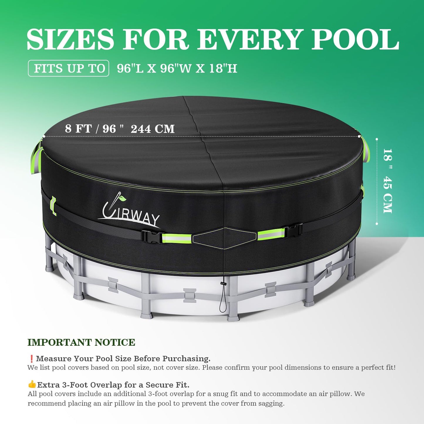 UIRWAY 8 Ft Round Pool Cover with Reflective Strips, Swimming Pool Cover for Above Ground Pools, Solar Covers Including Rope Tie and Luminous Ground Nails, PU Tarp Snug Fit for UV Protected
