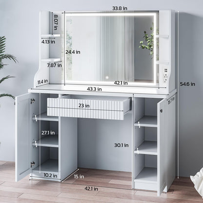 Fluted Makeup Vanity Desk with Mirror and Lights, Makeup Vanity Table with Power Outlet, Dressing Table with Storage, Adjustable Shelves, Touch Control, Modern White Vanity Desk with Lights