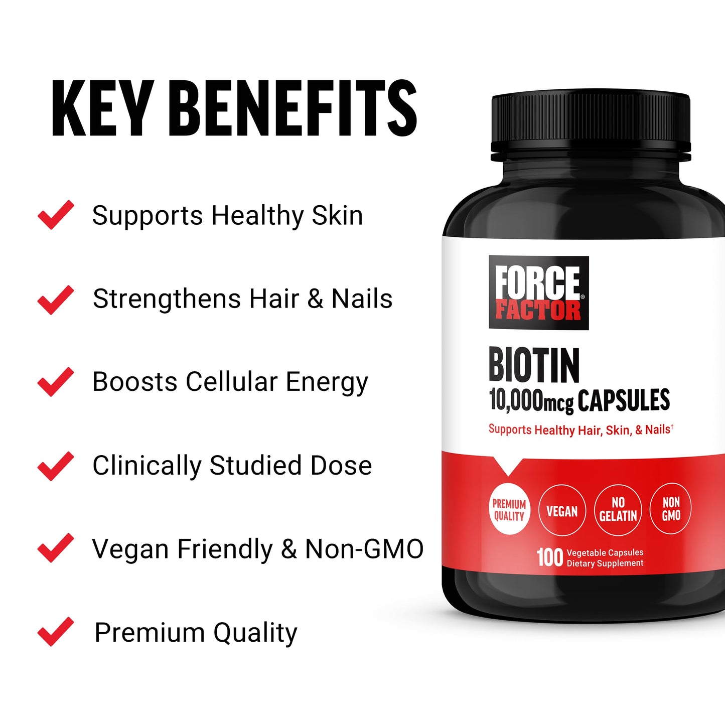 FORCE FACTOR Biotin 10000mcg, Biotin Supplement for Healthier Hair, Skin, and Nails, Hair Growth Supplement with Biotin Vitamins, Vegan Biotin, Non-GMO, 100 Vegetable Capsules