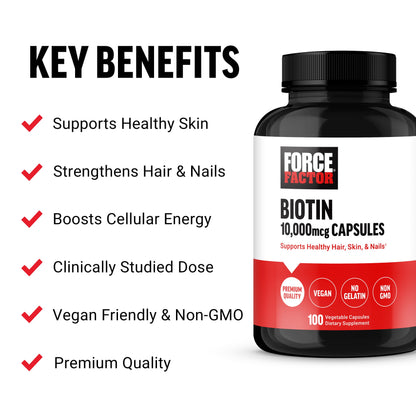 FORCE FACTOR Biotin 10000mcg, Biotin Supplement for Healthier Hair, Skin, and Nails, Hair Growth Supplement with Biotin Vitamins, Vegan Biotin, Non-GMO, 100 Vegetable Capsules