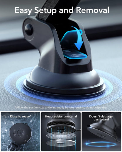 ESR Dashboard Magnetic Phone Holder for Car, for MagSafe Car Mount, Windshield Vacuum Car Mount for iPhone 16/16e/15/14/13/12, Samsung, Car Accessories, Charging Not Supported,2 Metal Rings Included
