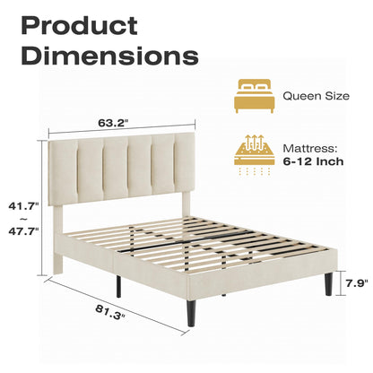 VECELO Queen Size Bed Frame with Upholstered Headboard, Pale Beige
