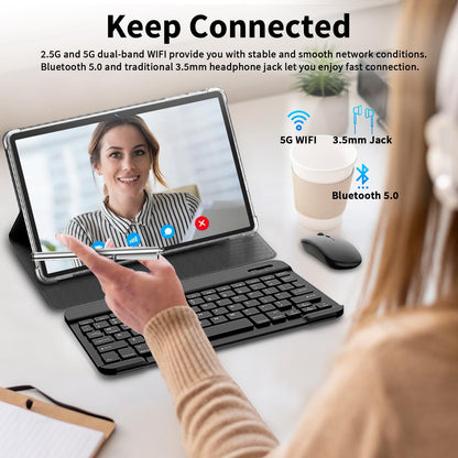 Android 14 Tablet, 10 inch Tablet with Keyboard, 16GB+128GB, 1TB Expand, Octa-Core, 2.4G/5G WiFi, 8000mAh, BT V5.0, GMS Certified, IPS Touch Screen, GPS, with Case, Mouse, Stylus(Black)