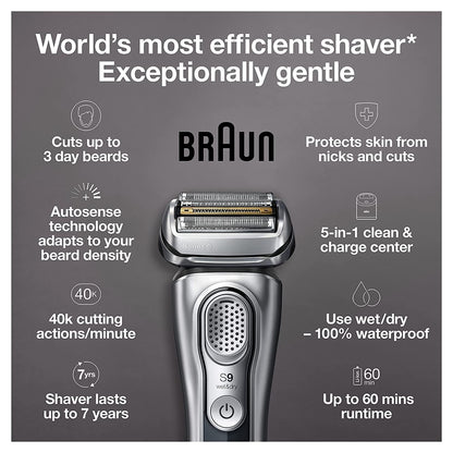 Braun Electric Razor for Men, Waterproof Foil Shaver, Series 9 9390cc, Wet & Dry Shave, with Pop-Up Beard Trimmer for Grooming, Cleaning & Charging SmartCare Center and Leather Travel Case, Silver