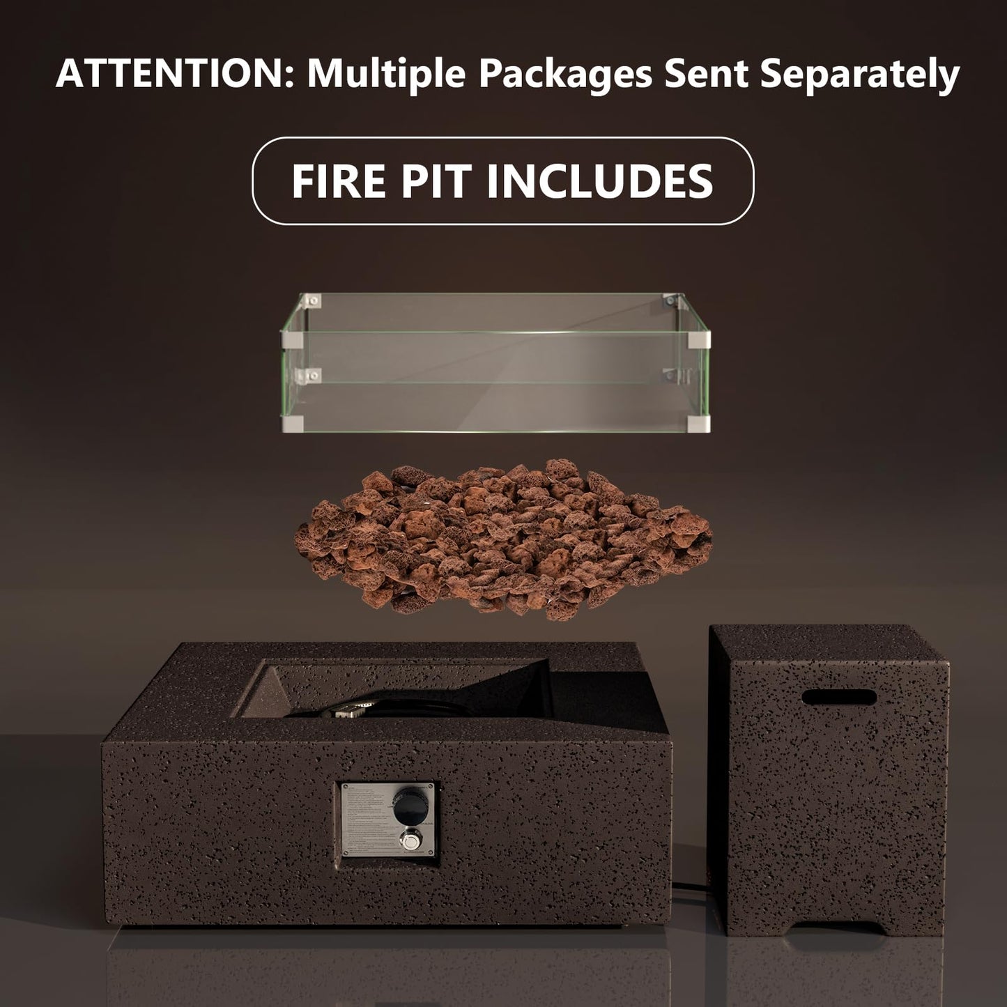 COSIEST Outdoor Propane Fire Pit Coffee Table w Square Faux Stone 35-inch Base, CSA Certified, 50,000 BTU Stainless Steel Burner, Free Lava Rocks and Rain Cover, Wind Guard, Tank Cover, Brown