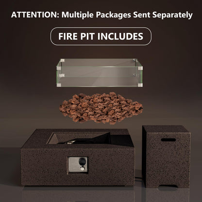 COSIEST Outdoor Propane Fire Pit Coffee Table w Square Faux Stone 35-inch Base, CSA Certified, 50,000 BTU Stainless Steel Burner, Free Lava Rocks and Rain Cover, Wind Guard, Tank Cover, Brown