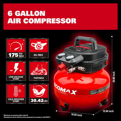 Air Compressor, 6-Gallon Pancake Air Compressor with 25 FT Air Hose, MAX 175PSI Pressure/1.5HP, Compressor for Air Tools, Car Tires, Garage, and Shop