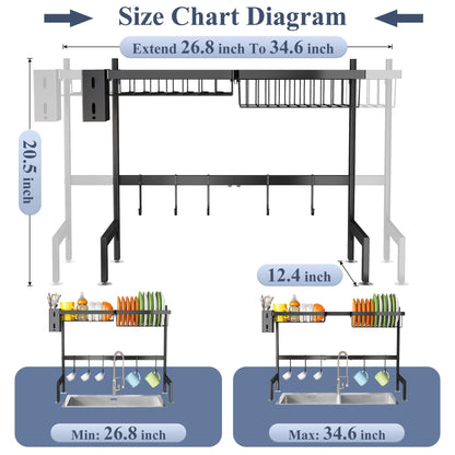 Over The Sink Dish Drainer Drying Rack - Expandable (26.8" to 34.6" W) Large Metal Dish Rack for Kitchen Counter, Kitchen Organizer with Adjustable Basket, Utensil Holder and Sponge Holder (Black)