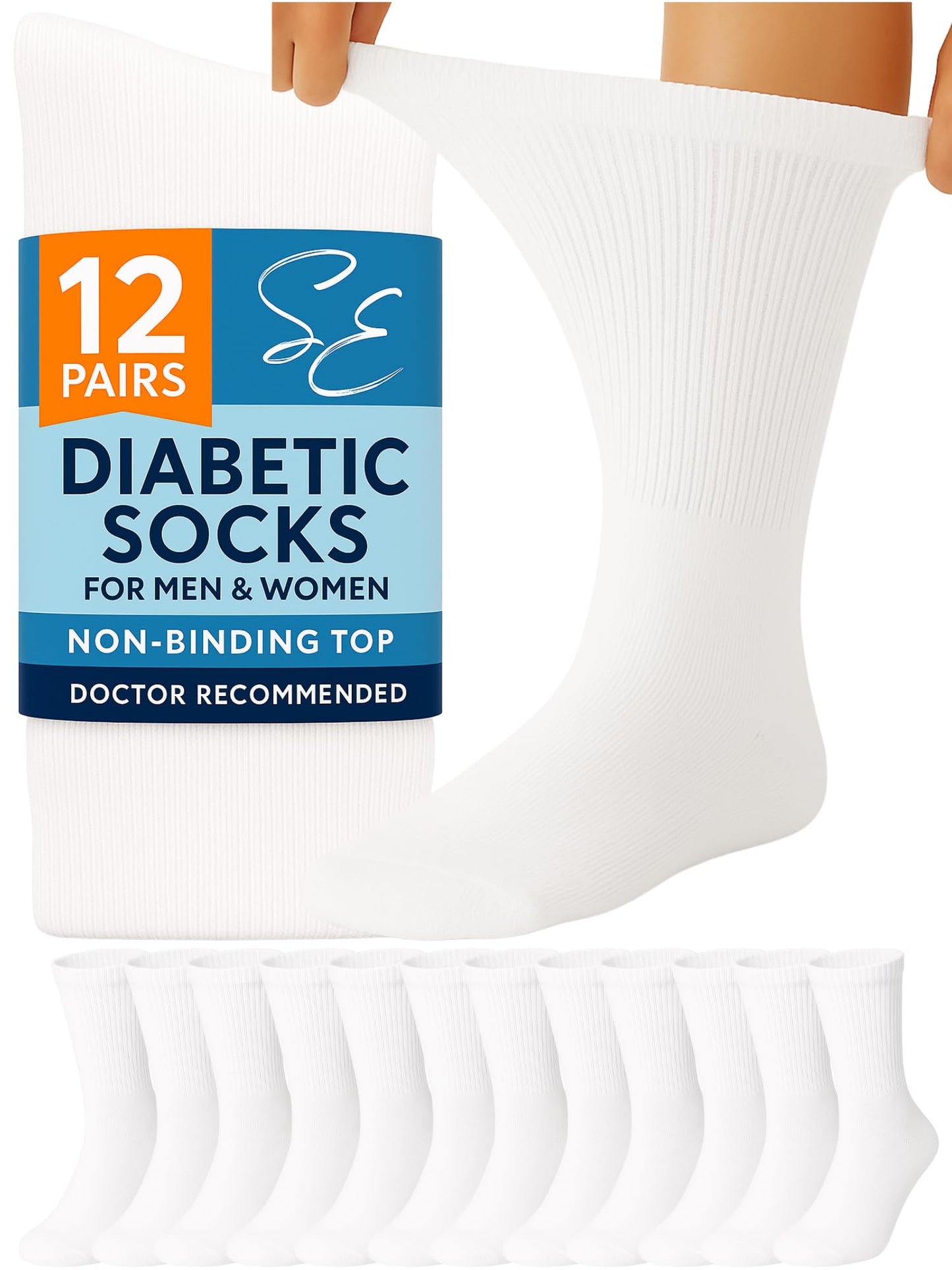 Special Essentials Diabetic Socks for Men & Women – 12 Pairs of Non-Binding Extra Wide Top Cotton Neuropathy Socks – Crew Length, White, 13-15