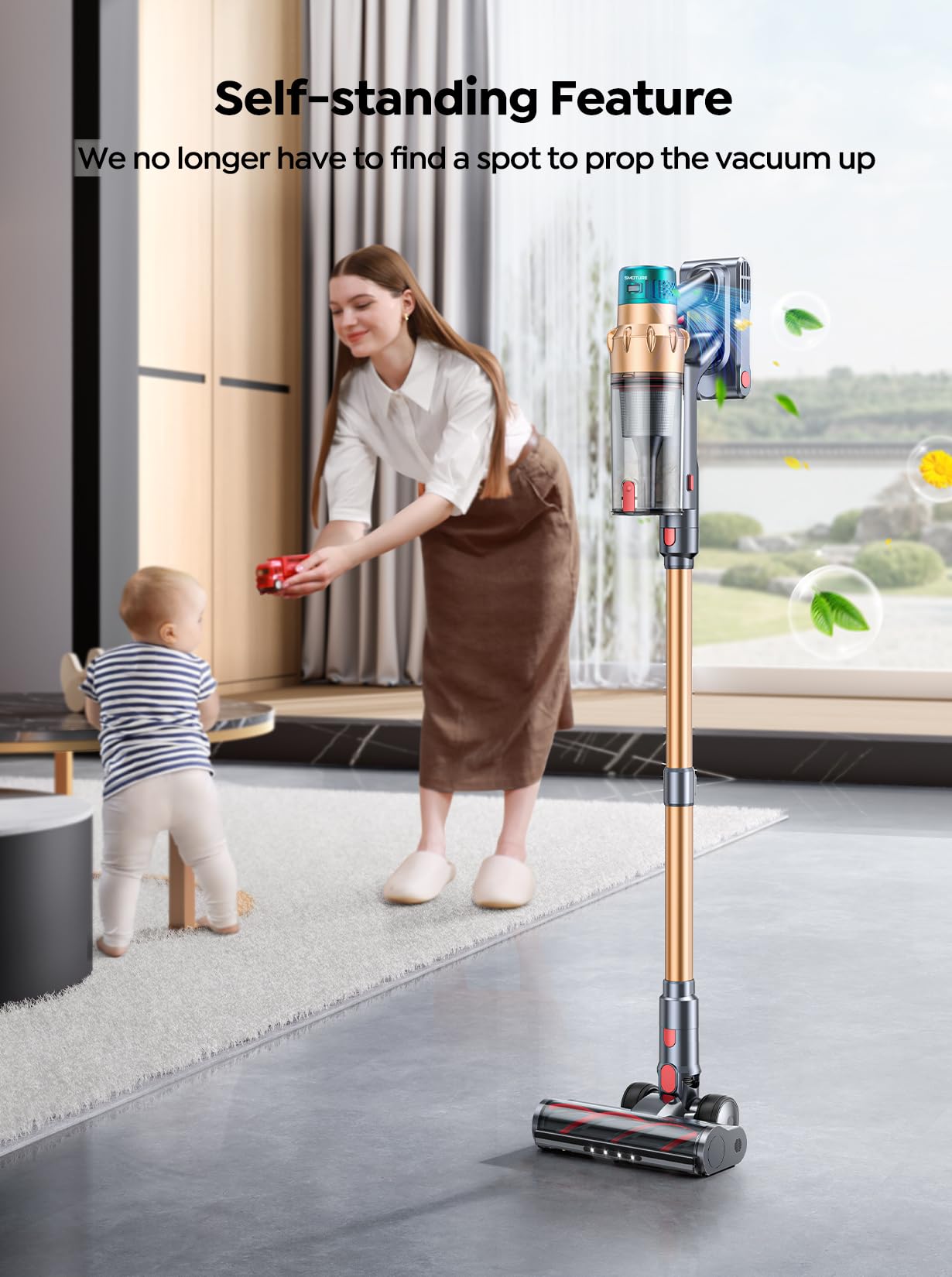 Cordless Vacuum Cleaner, 550W 45KPA 60 Mins Runtime Self-Standing Vacuum Cleaners for Home, Stick Vacuum with Charging Dock Station Removable Battery, Handheld Vacuum for Pet Hair/Carpet/Floor
