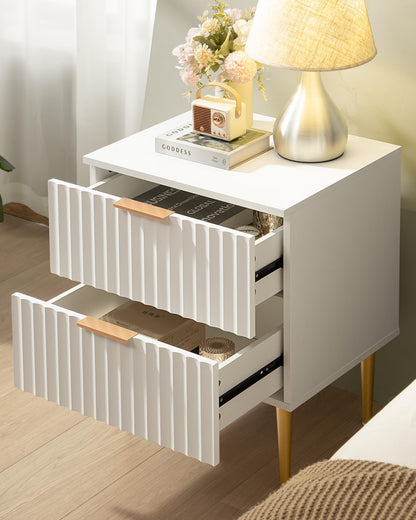 SICOTAS White Night Stand, Fluted Glossy Nightstand with 2 Drawers, Wide Modern Storage Bedside Table for Bedroom, End Side Table with Golden Metal Legs and Handles (White, 1 Piece)