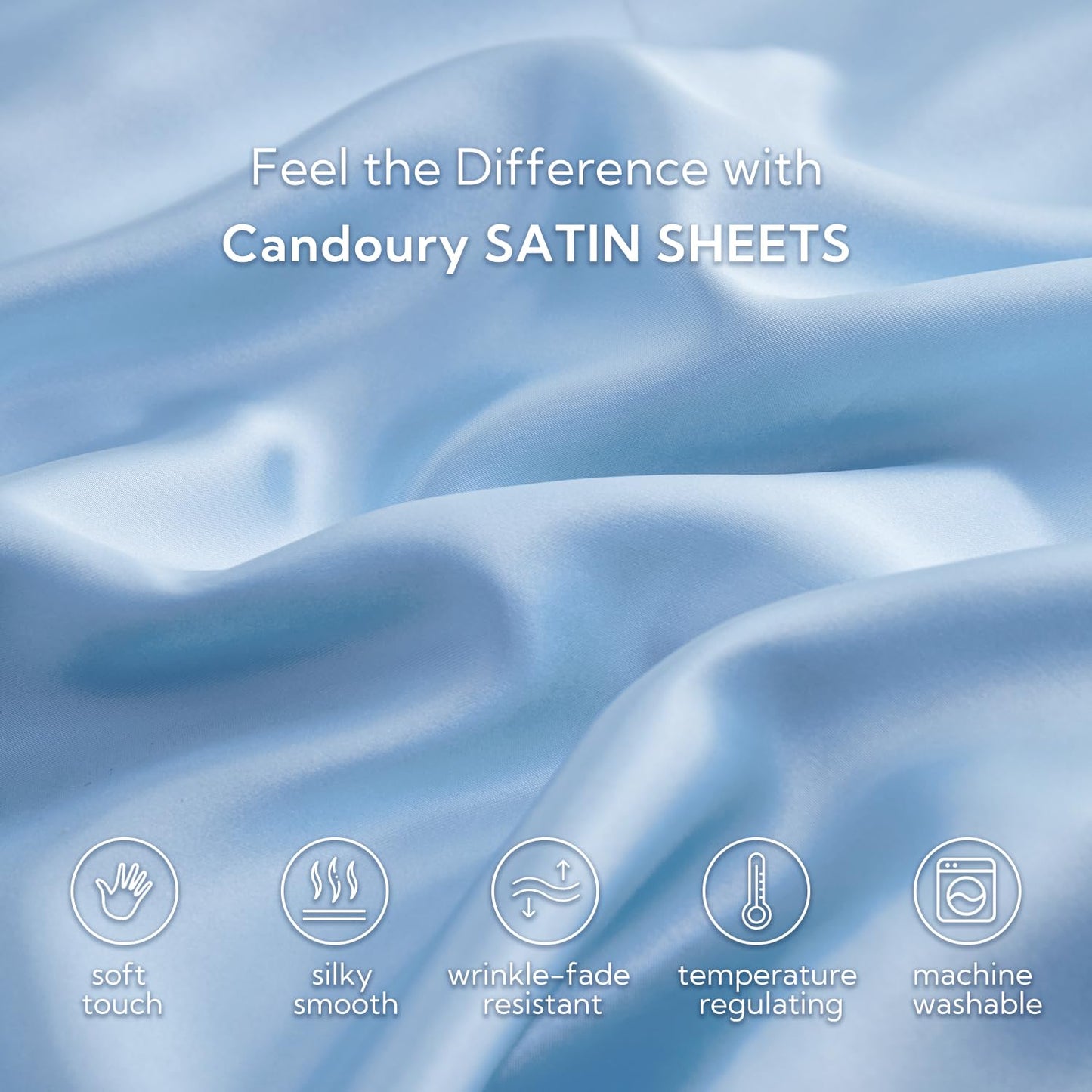 Candoury Satin Sheets Full Size Bed Sheets Set 4 Pcs, Soft and Durable Pillowcase, Flat Sheet and Fitted Sheet, Hotel Luxury Silky Satin Sheets Set (Full, Light Blue)