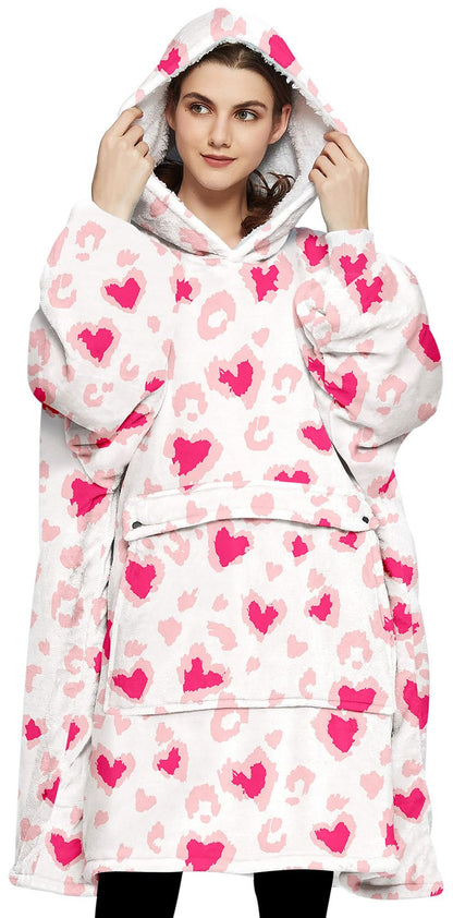 KFUBUO Wearable Blanket Hoodie for Adult Sherpa All Patterns Heart Oversized Hoodie Sweatshirt Blanket with Pockets Valentine Gifts for Her