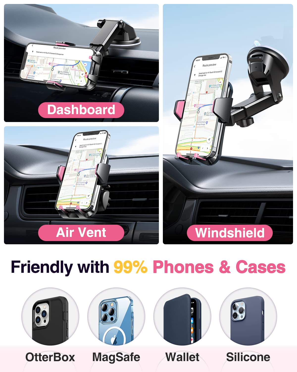 VANMASS 2025【Strongest Suction & Military-Grade】 Car Phone Mount 【Patent & Safety】Ultimate Cell Phone Holder Handsfree Stand for Dash Windshield Vent for iPhone 16 15 Pro Max 14 Android & Truck, Pink