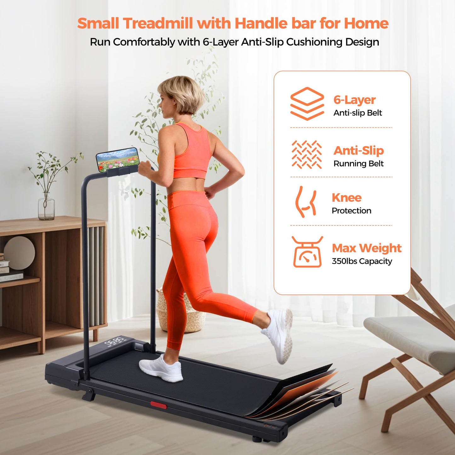 SUOUER Walking Pad Treadmill with Handle Bar, 2026 Upgrade Portable Under Desk Treadmill for Home Small with Handles, 3.0HP Walking Pad for Home, 0.6-7.6MPH, 350LBS