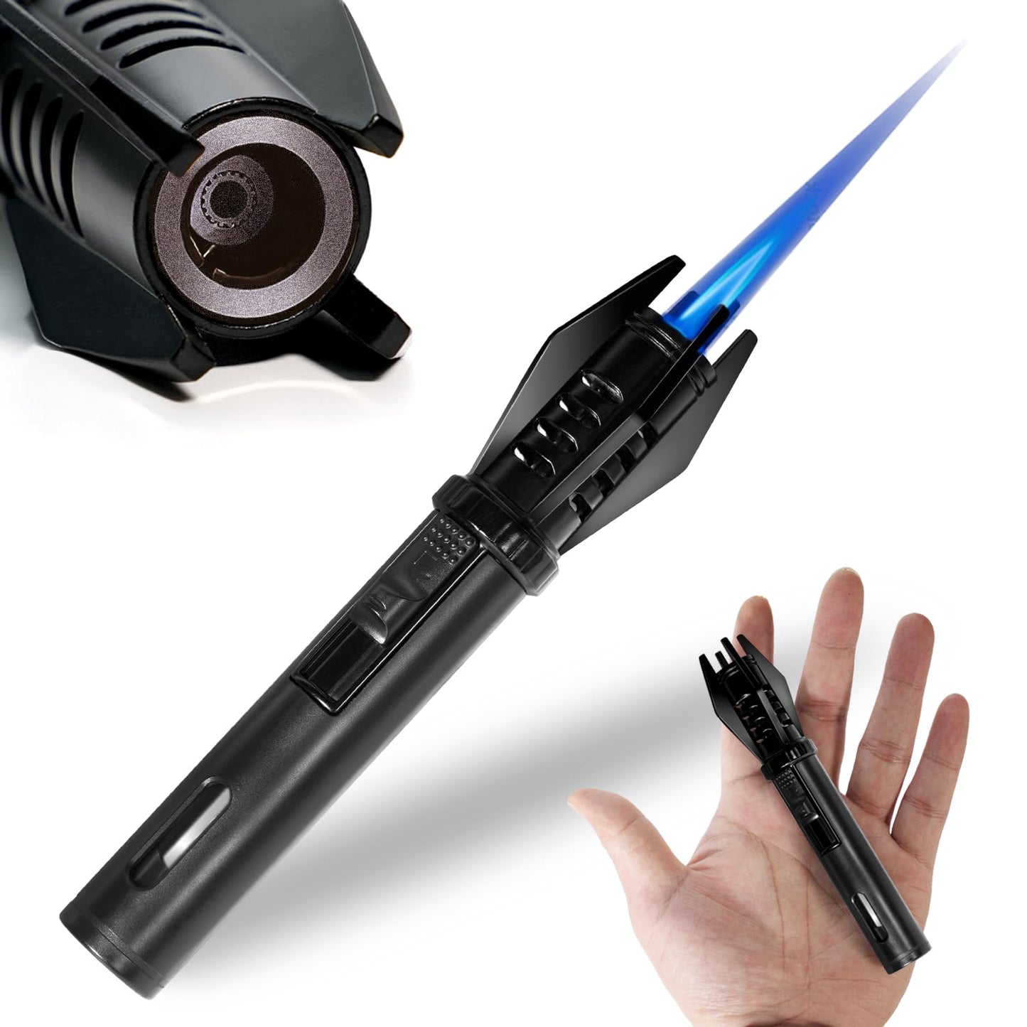 Camping Mini Torch Lighter Small Refillable Butane Lighters Pocket Tactical EDC Windproof Jet Flame with Visual Window for Hiking Survival Kitchen Candle Fireplace Home Party BBQ, 5" (Without Fuel)