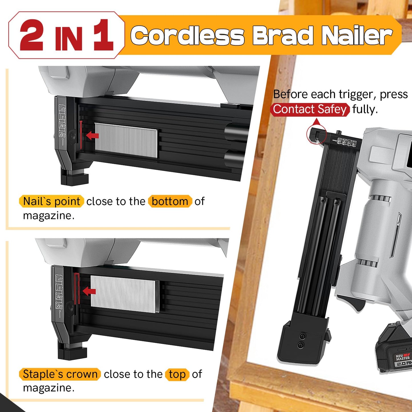 20V Nail Gun Battery Powered, 18 Gauge 2 in 1 Cordless Brad Nailer Stapler for Home Improvement and Woodworking, Electric Staple Gun with 2.0Ah Battery, 800 Nails and 200 Staples Included