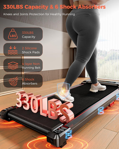 Anylife Treadmill Incline Walking Pads Under Desk 330lb Capacity, 2.5HP Portable Small Running Pad with LED Display for Home, Compact, Remote Control, Black Red