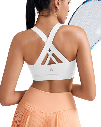 RUNNING GIRL Sports Bra for Women, Criss-Cross Back Padded Strappy Sports Bras Medium Support Yoga Bra with Removable Cups A-White
