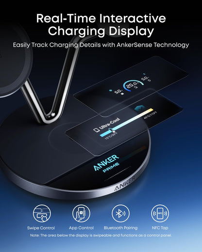 Anker Prime MagSafe Charger Compatible, 3-in-1 Charging Station, Qi2 25W Certified Wireless Charger Dock Stand, Smart Display with TEC Active Cooling, for iPhone 17, Apple Watch, AirPods, and More