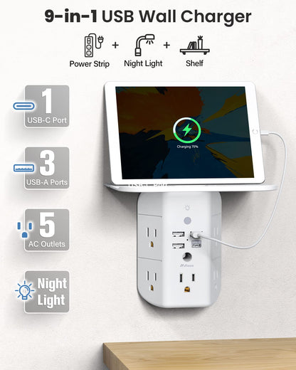 Wall Outlet Extender with Shelf and Night Light,Surge Protector,USB Wall Charger with 5 AC Outlets and 3 USB Ports 1 USB C Outlet Wide Space 3-Sided Power Strip Multi Plug Outlets…