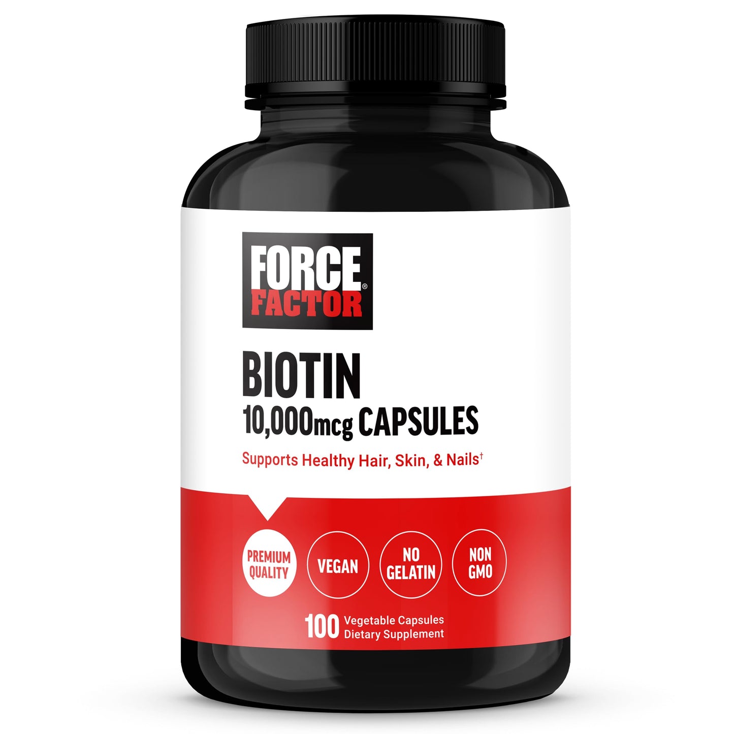 FORCE FACTOR Biotin 10000mcg, Biotin Supplement for Healthier Hair, Skin, and Nails, Hair Growth Supplement with Biotin Vitamins, Vegan Biotin, Non-GMO, 100 Vegetable Capsules