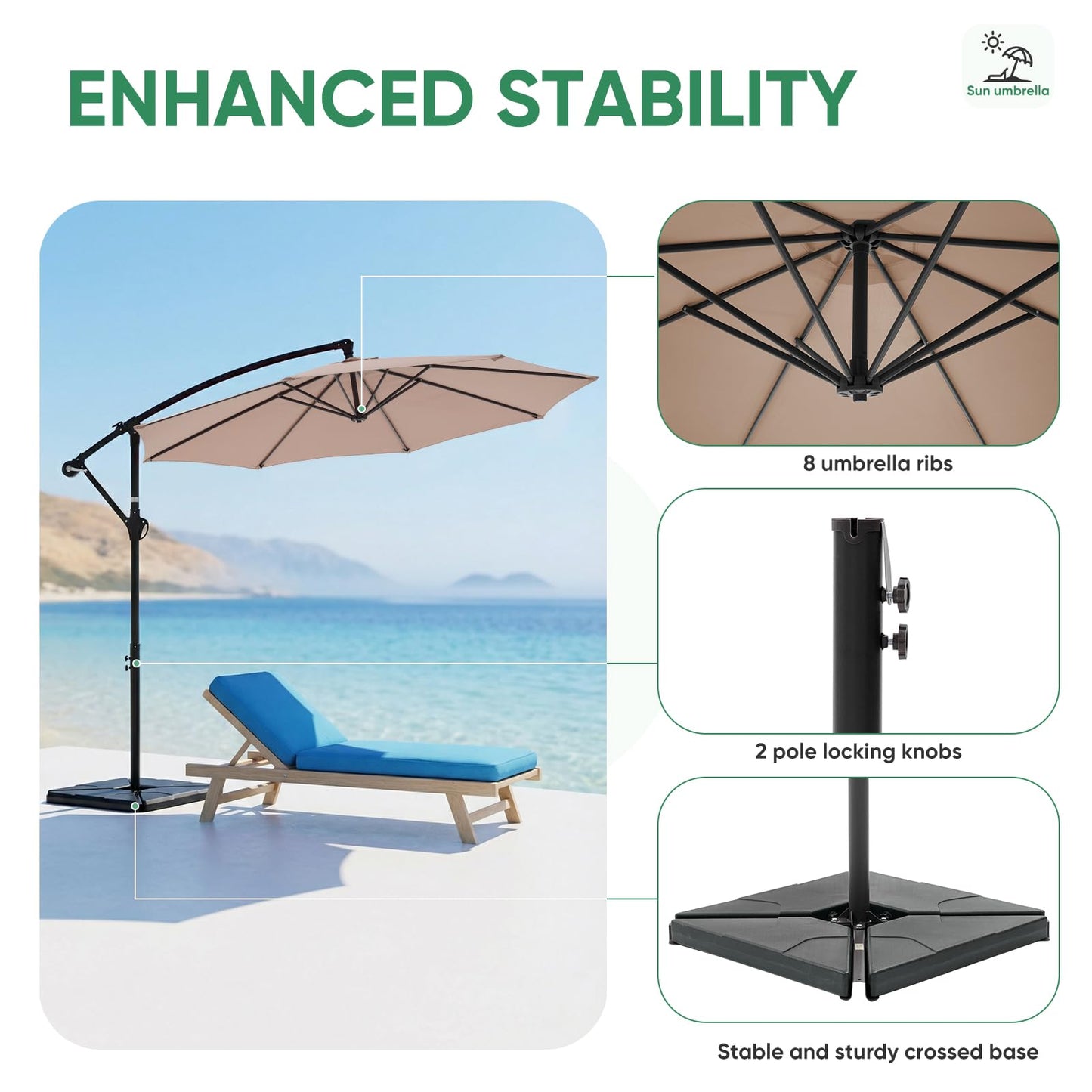 NEWBULIG 10FT Patio Umbrella with Base Included, Offset Cantilever Outdoor Patio Table Umbrella, UV Protection, Fade Resistant Fabric, Easy Tilt Adjustment for Pool, Deck, Garden, Backyard, Khaki
