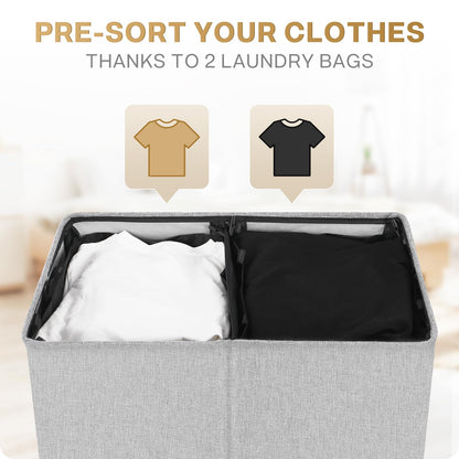 SOLEDI Double Laundry Hamper with Lid and Removable bag, Large Laundry Basket 2 Section with handles, Collapsible Dirty Clothes Hampers for Laundry, Bedroom, Dorm, College