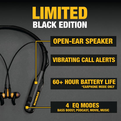 DEWALT Heavy Duty Black Edition 2-in-1 Neckband Bluetooth Headphones w/Built-in Speakers, Jobsite Wearable Speaker & Around Neck, Wireless Headset, 60+ Hrs Hands-Free Music & Calls, Carry Pouch