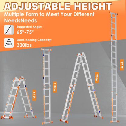 LEVELEVE 17FT Extension Ladder,A Frame 5 Step Ladder with Stabilizer Bar & Wheels,330 lbs Security Load Multi Position Ladder for Stairs Home Indoor Outdoor Roof