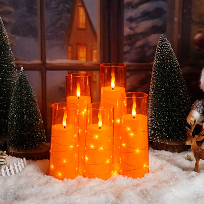 kakoya Flameless LED Candles with Timer 5 Pc Flickering Flameless Candles for Romantic Ambiance and Home Decoration Stable Acrylic Shell,with Embedded Star String，Battery Operated Candles（Orange）