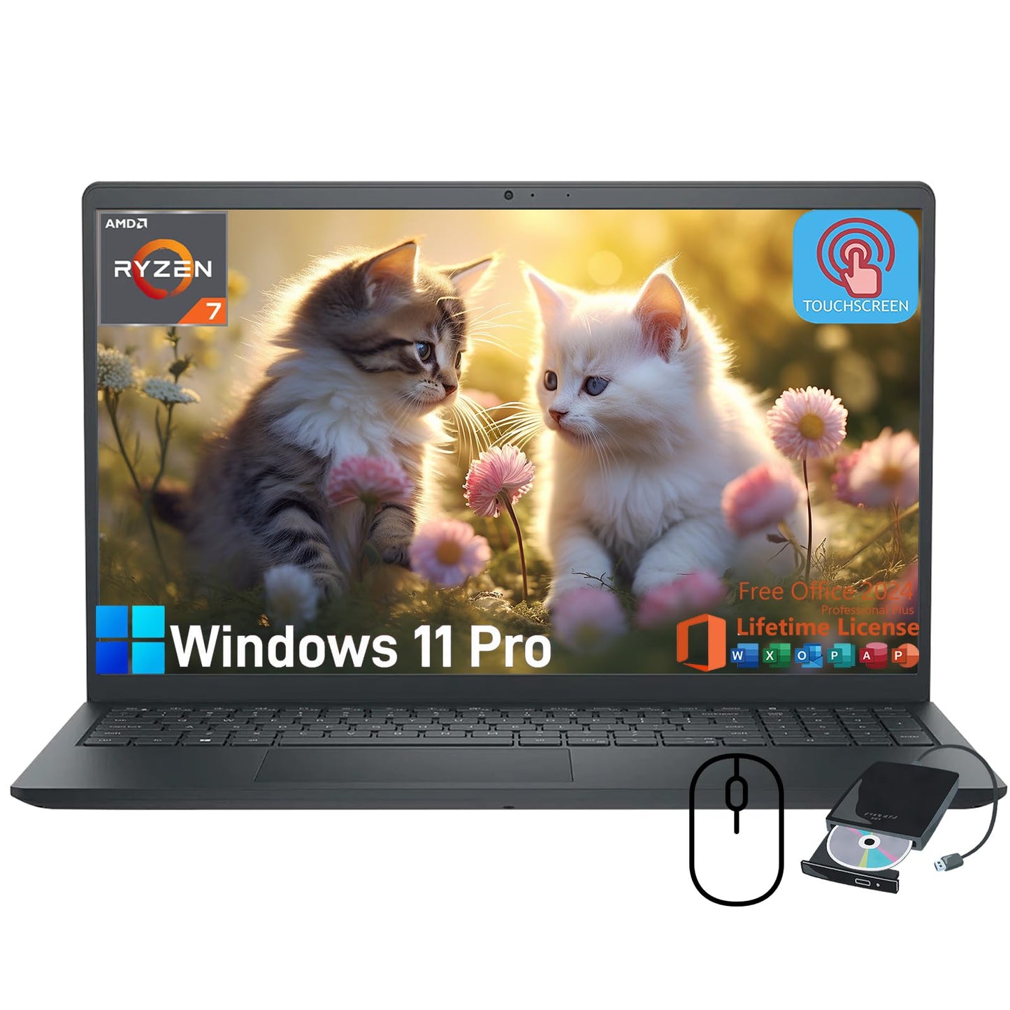 Dell Inspiron 15.6" Touchscreen Laptop - Business & Student Laptop Computer, with 2024 Office Lifetime & Win 11 Pro, Ryzen 7 7730U, External DVD Drive, WVA LED-Backlit FHD Display, 64GB RAM, 2TB SSD