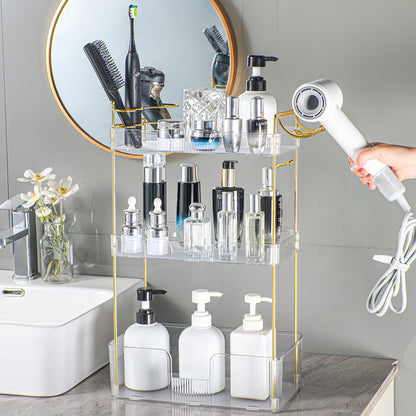 shuang qing Bathroom Counter Organizer with Hair Dryer Holder, Hair Tool Countertop Storage, Cosmetics Skincare Shelf Organizer, Makeup Organizer Perfume for Dresser Vanity Tray(3 Tier-White)