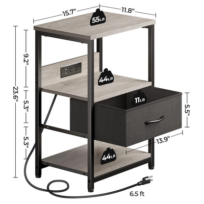 Seventable Nightstand with Charging Station, LED Bedside Table with Adjustable Fabric Drawer, Night Stand with Storage, 3-Tier Bed Side Table, End Table for Bedroom, Living Room, Greige