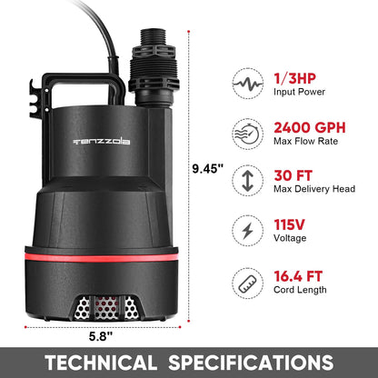 Tenzzola Sump Pump, 1/3 HP 2400GPH Submersible Utility Water Pump, Thermoplastic Portable Electric Water Removal Transfer Pump with 16.4FT Cord for Swimming Pool Basement Garden Pond Tubs Draining