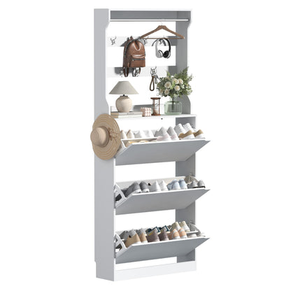 Wodeer Tall Shoe Cabinet with Coat Rack, Hidden Shoe Storage Cabinet with Doors & Drawer, Hanging Bar & Hooks, Slim Narrow Freestanding Shoe Rack Organizer for Entryway, Hallway & Living Room, White