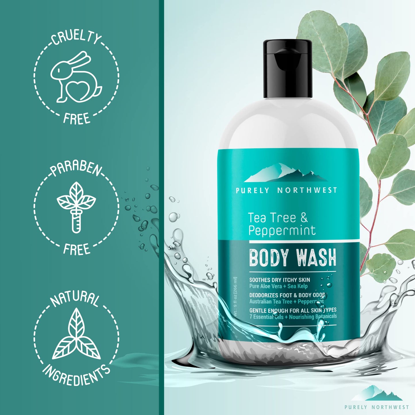 Purely Northwest Tea Tree Body Wash for Men and Women – Natural Tea Tree Oil Body Cleanser for Odor, Skin Irritations, Hydrating Shower Gel for Sensitive Skin, Gentle and Refreshing Body Wash