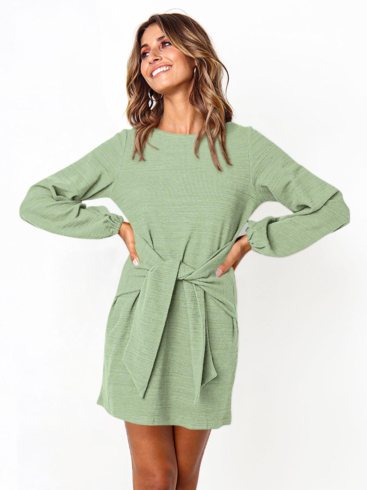 PRETTYGARDEN Women's Elegant Long Lantern Sleeve Short Dress Crewneck Tie Waist Knit Cocktail Dress (Bean Green,Small)