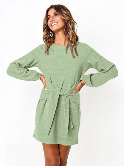 PRETTYGARDEN Women's Elegant Long Lantern Sleeve Short Dress Crewneck Tie Waist Knit Cocktail Dress (Bean Green,Small)