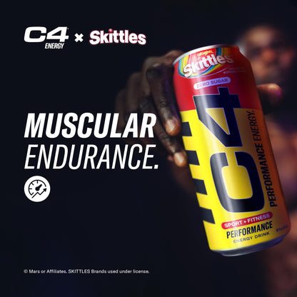 Cellucor C4 Performance Energy Drink | SKITTLES | Zero Sugar Carbonated Preworkout Energy | 200mg Caffeine with Beta Alanine | 16 Fl Oz (12 Pack)
