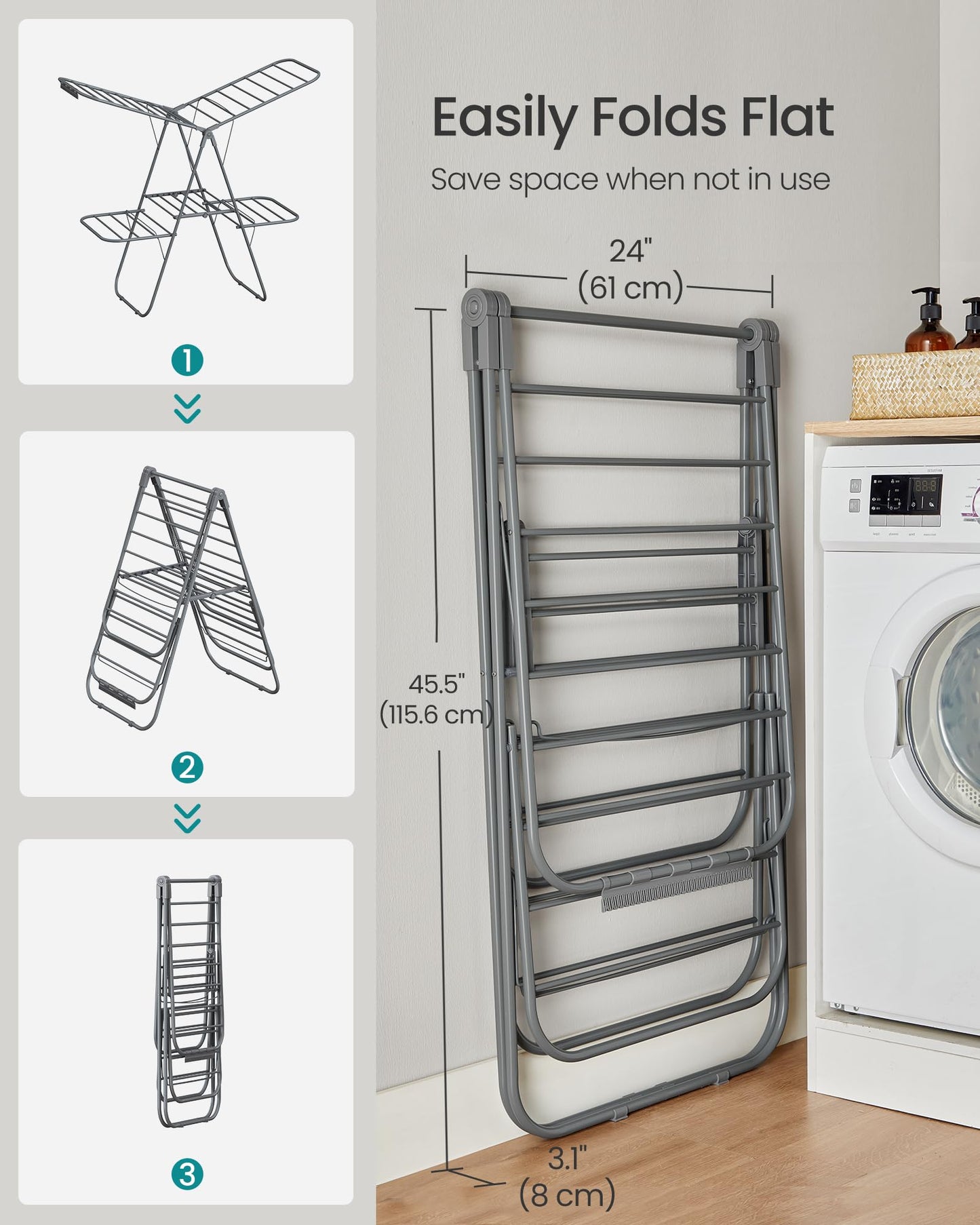 SONGMICS Clothes Drying Rack, Foldable 2-Level Laundry Drying Rack, Free-Standing Laundry Airer, with Height-Adjustable Wings, 33 Drying Rails, Sock Clips, Gray ULLR053G02V1