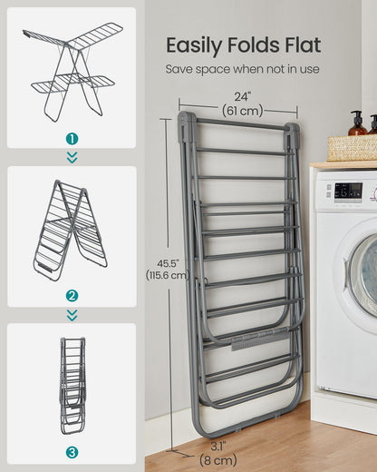 SONGMICS Clothes Drying Rack, Foldable 2-Level Laundry Drying Rack, Free-Standing Laundry Airer, with Height-Adjustable Wings, 33 Drying Rails, Sock Clips, Gray ULLR053G02V1