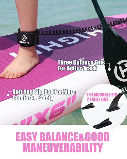 Highpi Inflatable Stand Up Paddle Boards, 10'6''x32''x6'' SUP with Accessories Backpack Anti-Slip Deck, Leash, Paddle and Hand Pump, Pink Paddle Board Standing Boat for Youth & Adult