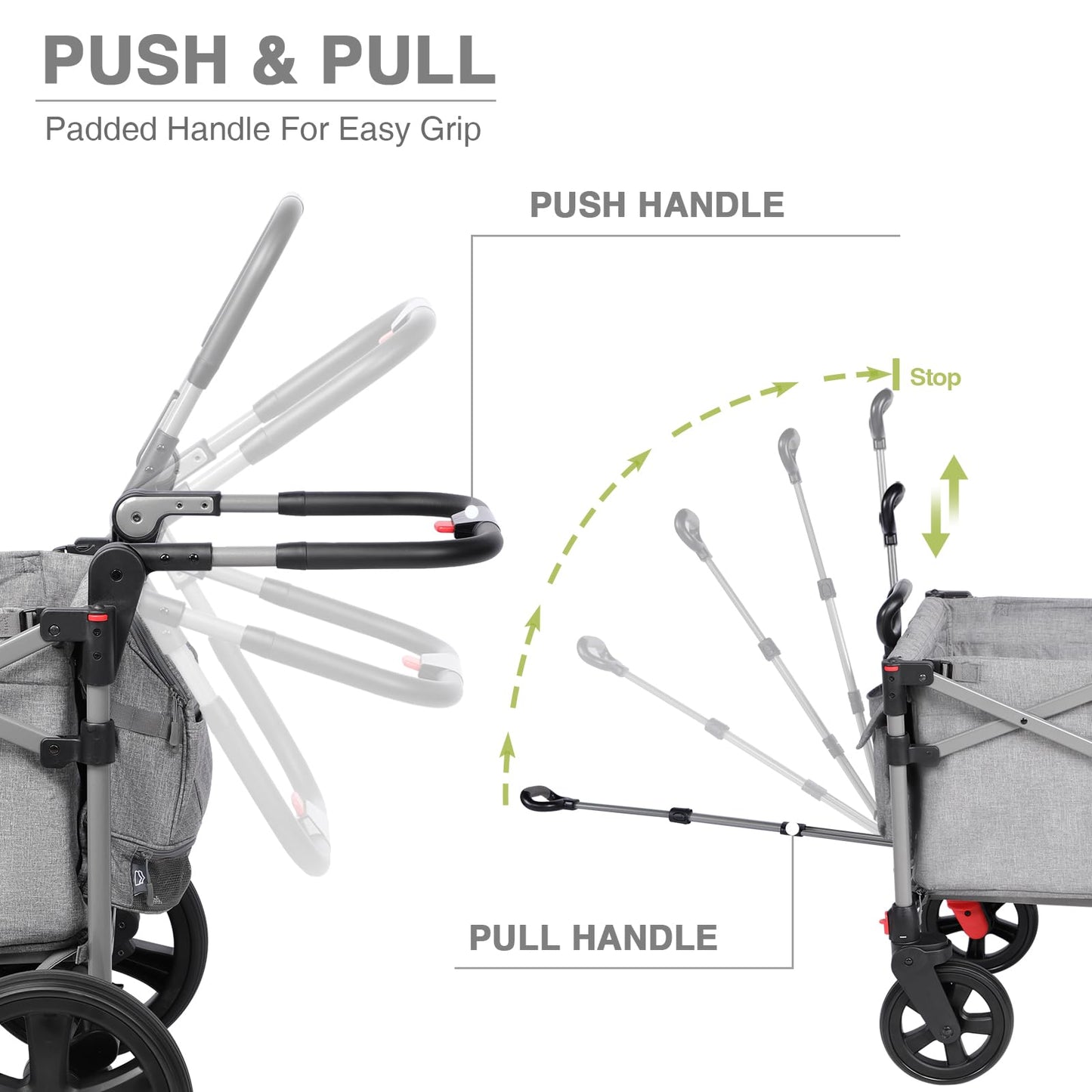 EVER ADVANCED Foldable Wagons for Two Kids & Cargo, Collapsible Folding Stroller with Adjustable Handle Bar,Removable Canopy with 5-Point Harness Gray