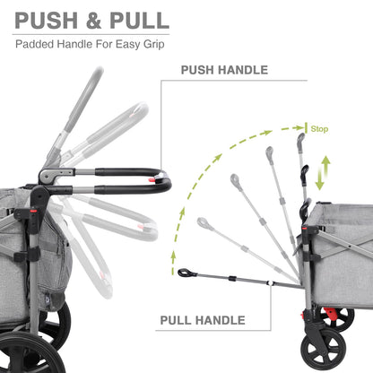 EVER ADVANCED Foldable Wagons for Two Kids & Cargo, Collapsible Folding Stroller with Adjustable Handle Bar,Removable Canopy with 5-Point Harness Gray