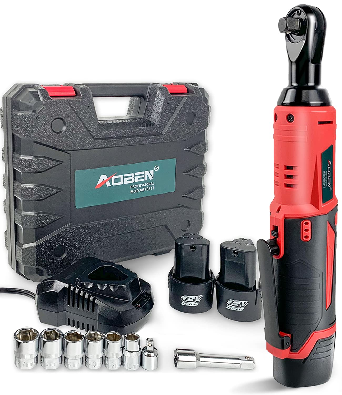 AOBEN Cordless Electric Ratchet Wrench Set, 3/8" 12V Power Ratchet Tool Kit With 2 Packs 2000mAh Lithium-Ion Battery And Charger