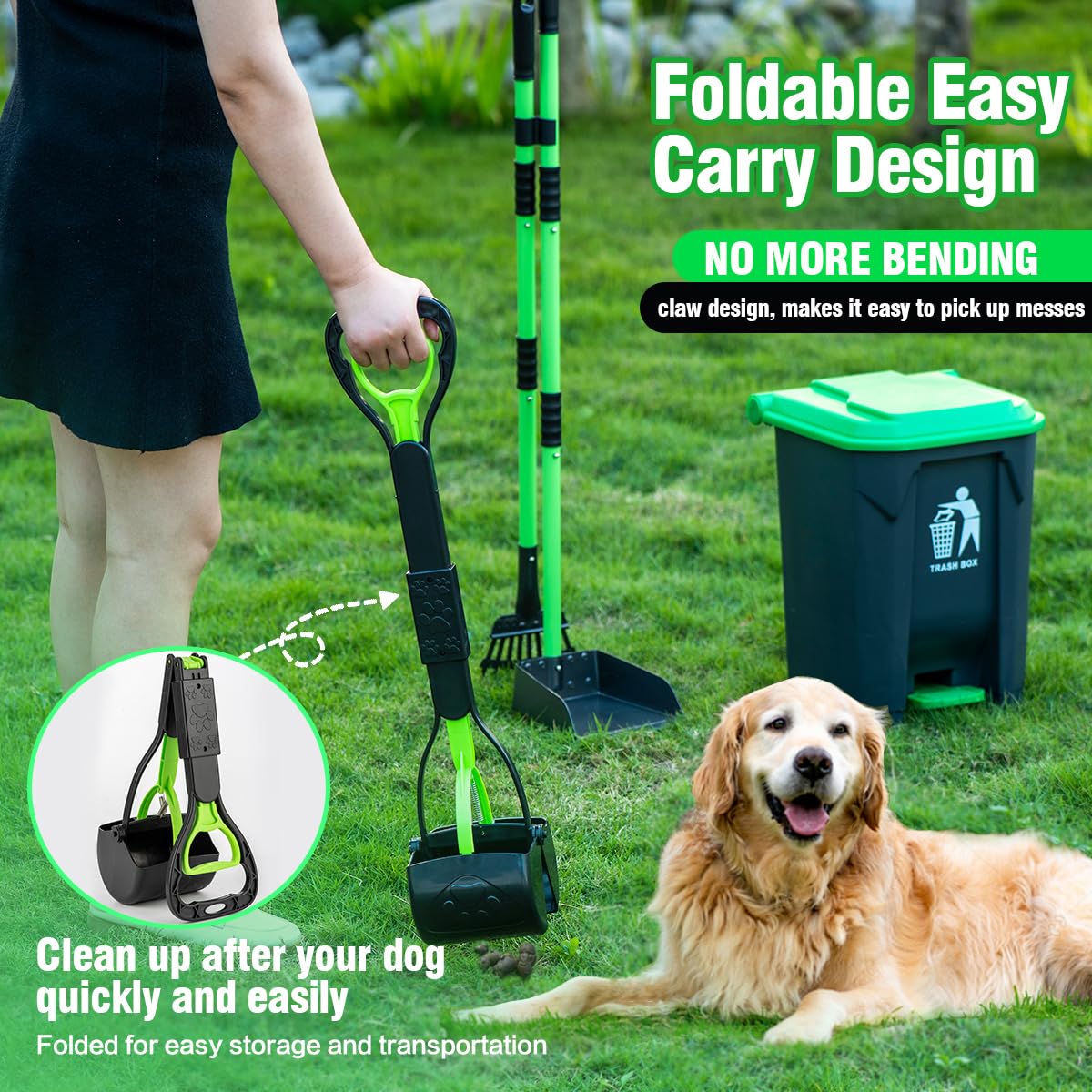 MXF Pooper Scooper Set, Dog Poop Trash Can for Outdoors with 20 Waste Bags, 15 Litre Step Dog Poop Trash Can w/Removable Inner Bucket, 28" Dog Pooper Scooper and Long Handle Stainless Metal Tray&Rake