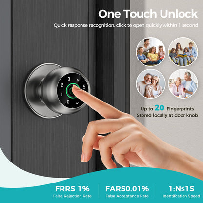 Fingerprint Door Lock - Fingerprint and Keypad Input Smart Door knob, App Controlled Biometric Door Lock, Keyless Entry, Bedroom, Office, Hotel, Apartment Auto Door knob (Satin Nickel)