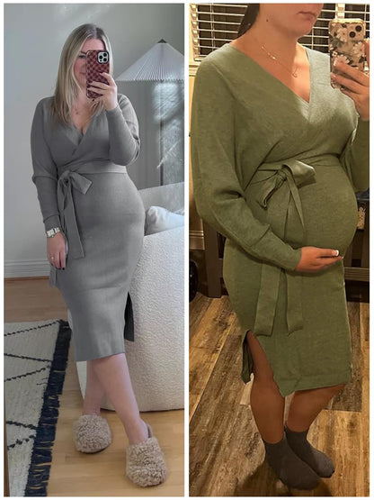 Chang Yun Women's Long Maxi Sweater Dresses Sexy Wrap Batwing V Neck Slit Open Back Holiday Bodycon Dress with Belt