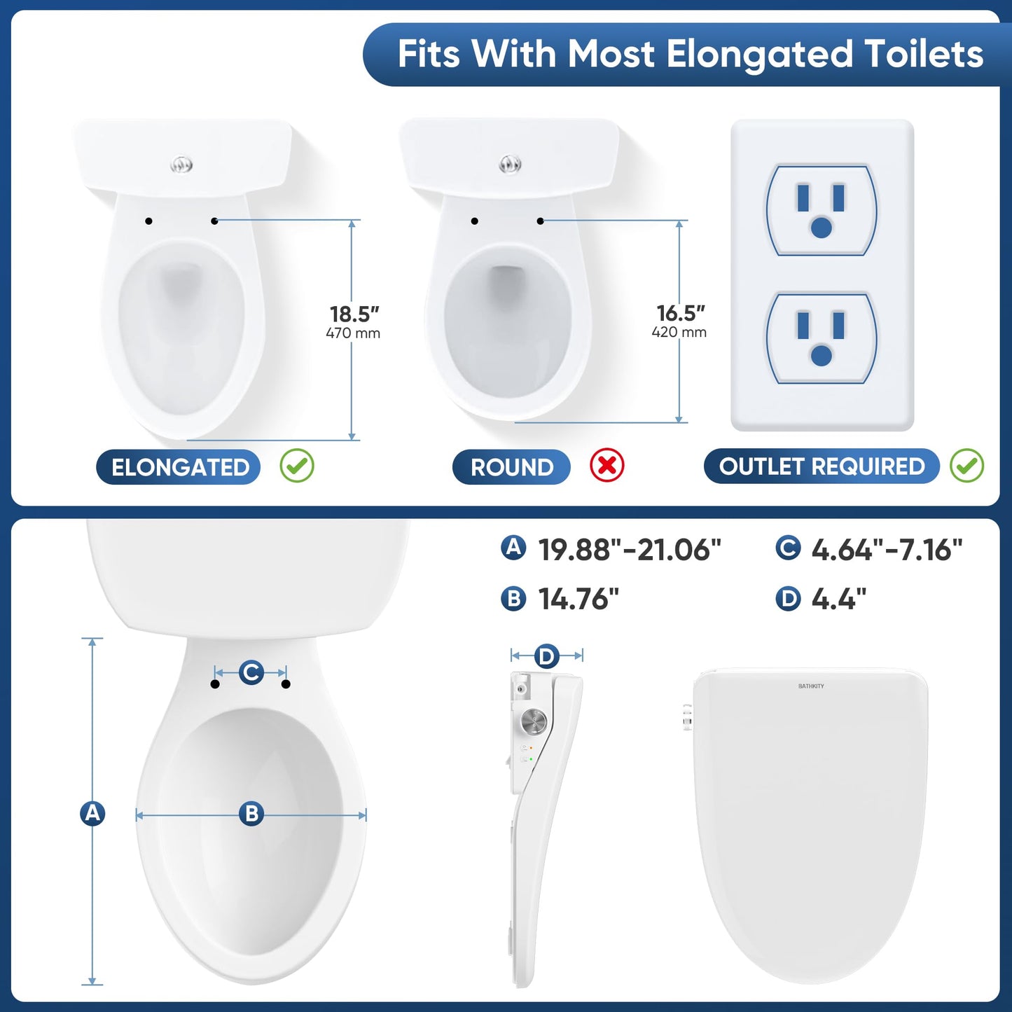 BATHKITY Electric Bidet Toilet Seat with Instant Warm Bidet Wash & Warm Air Dryer, Self-Cleaning Stainless Steel Nozzle, Soft Close Lid, Elongated
